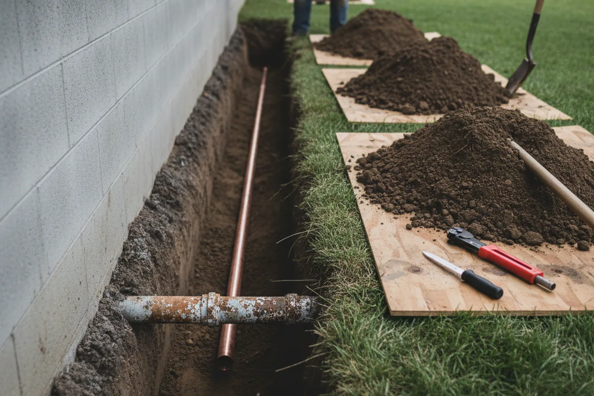 Excavated water line trench during Sewer Line Repair in Gretna